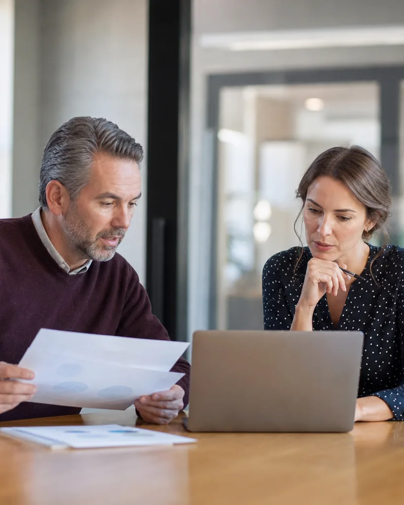 Business owner and HR manager comparing candidate reports at a conference table