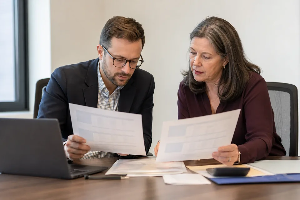 Two HR coworkers comparing two printed software quotes with a calculator