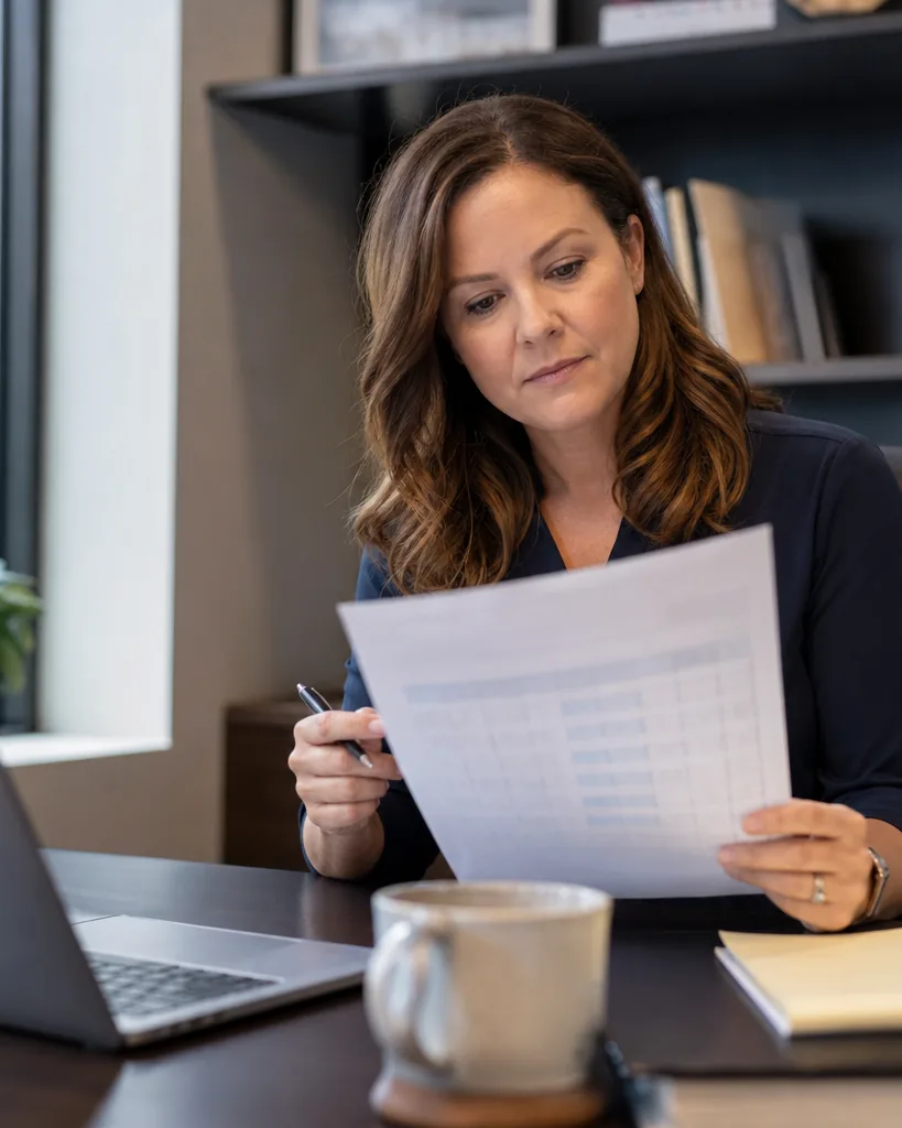 Sales manager reviewing a scored shortlist of applicants at her desk