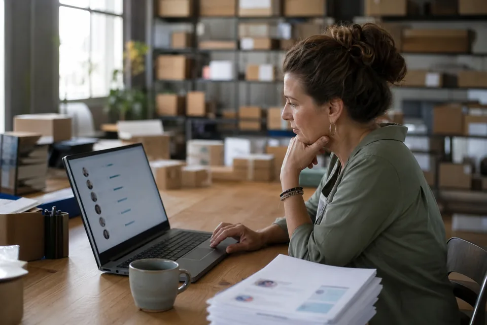 Warehouse office manager reviewing scored applicants on a laptop
