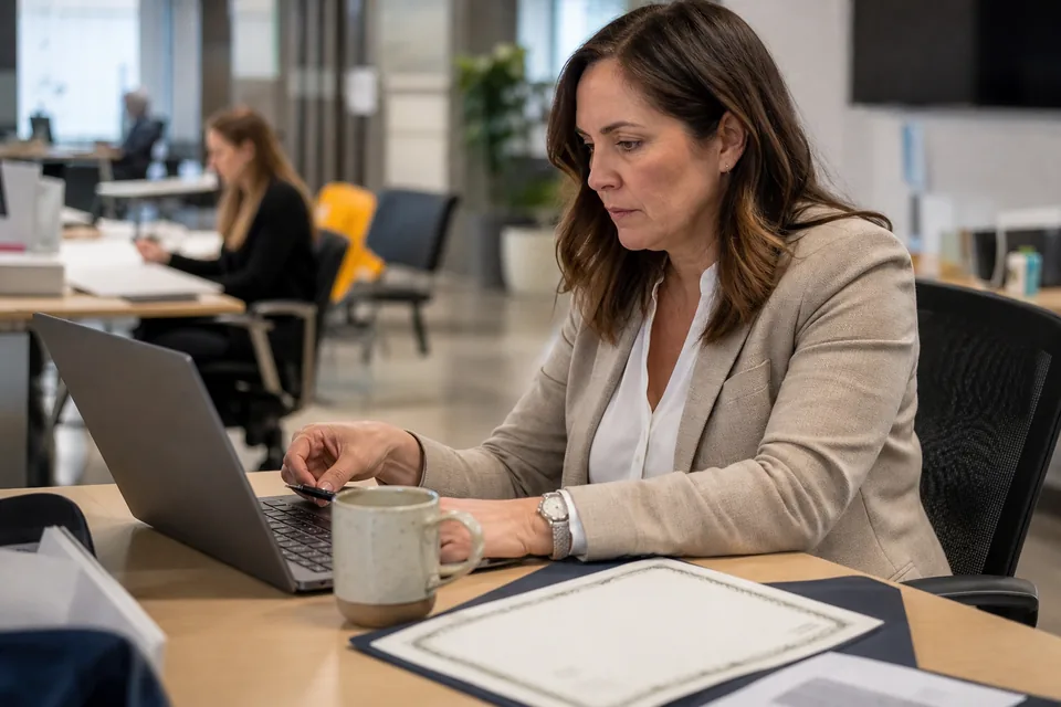 Training manager at a laptop reviewing employee test results with a printed pass certificate beside her